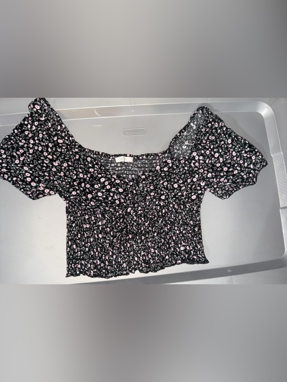 Smocked Black Crop Top with Pink Floral Print